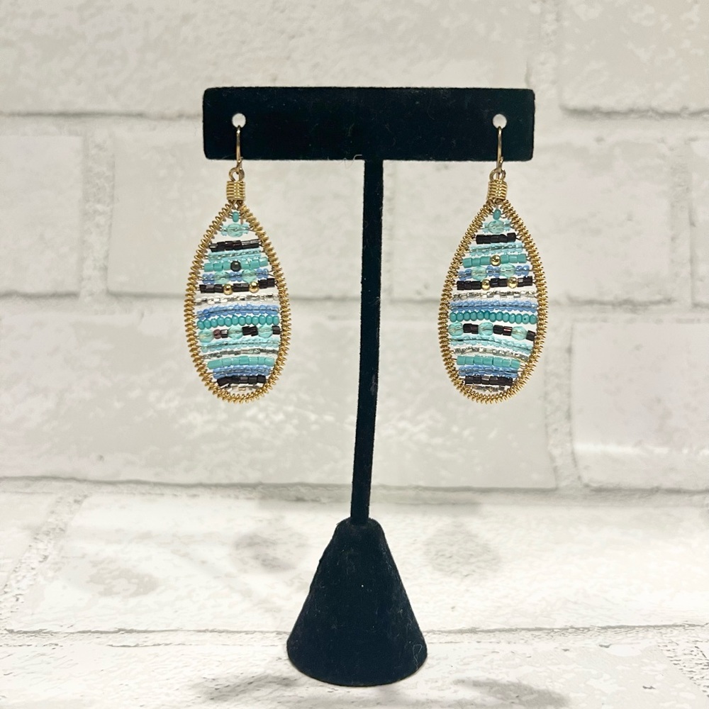 Seed bead Turquoise blue and silver and gold wire earrings